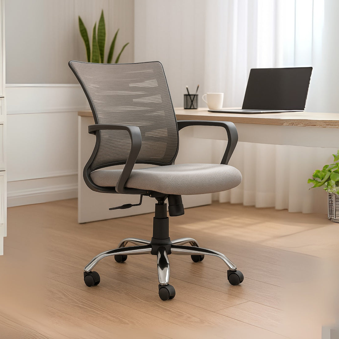 HAVAI Navy Grey Low Back Ergonomic Mesh Office Chair |  Single Lock Tilt Mechanism | Mild Steel EPC Base | Class 4 Gaslift  | Fixed Armrests | 50mm Casters | Breathable Mesh Back