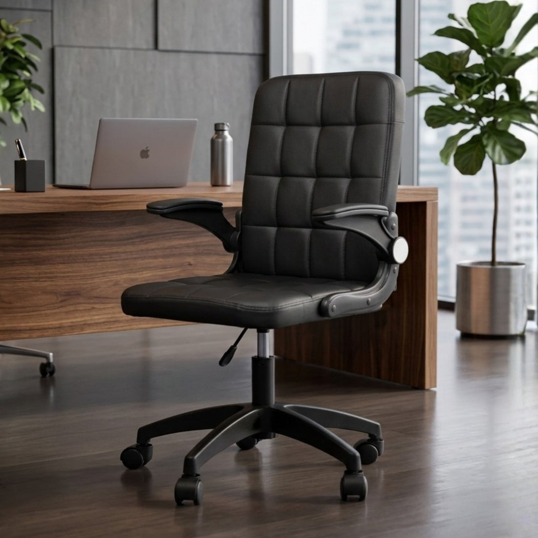 HAVAI Urban Seat Executive Office Chair | Premium Black PVC Upholstery | Ergonomic Cushioned Seat | Class 1 Gas Lift | Nylon Base & Wheels | Home, Office & WFH Chair