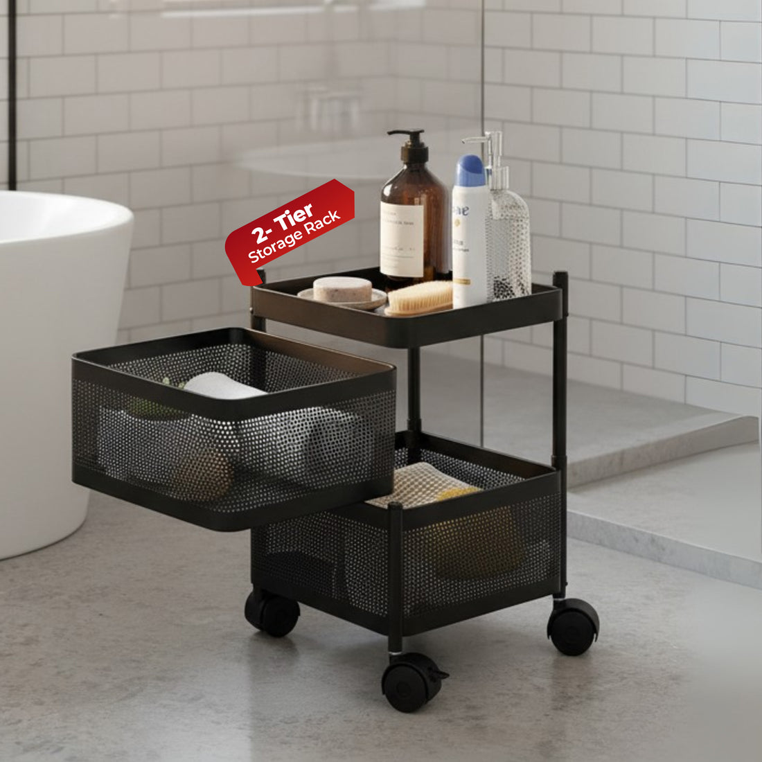 HAVAI 2 Tier Square Rolling Kitchen Storage Rack | Sturdy Metal Frame| Space-Saving Utility Shelf – Black
