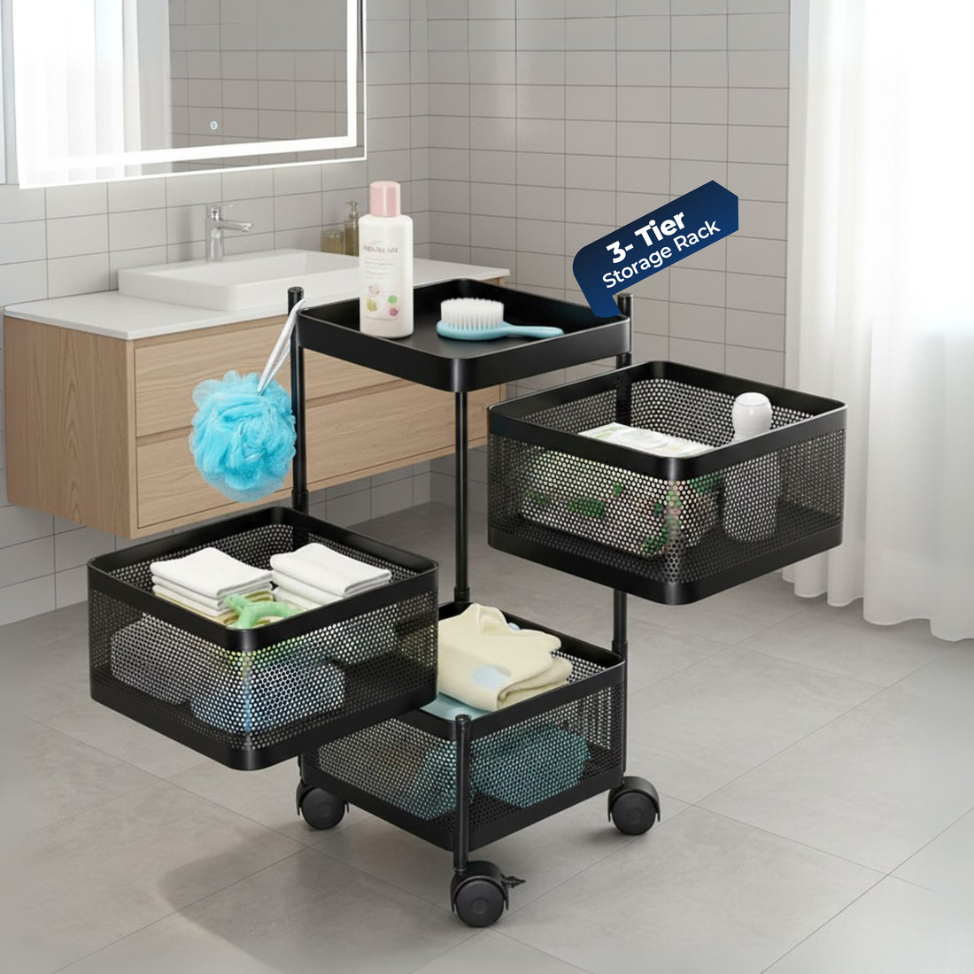 HAVAI 3 Tier Square Rolling Kitchen Storage Rack | Sturdy Metal Frame | Space-Saving Utility Shelf – Black