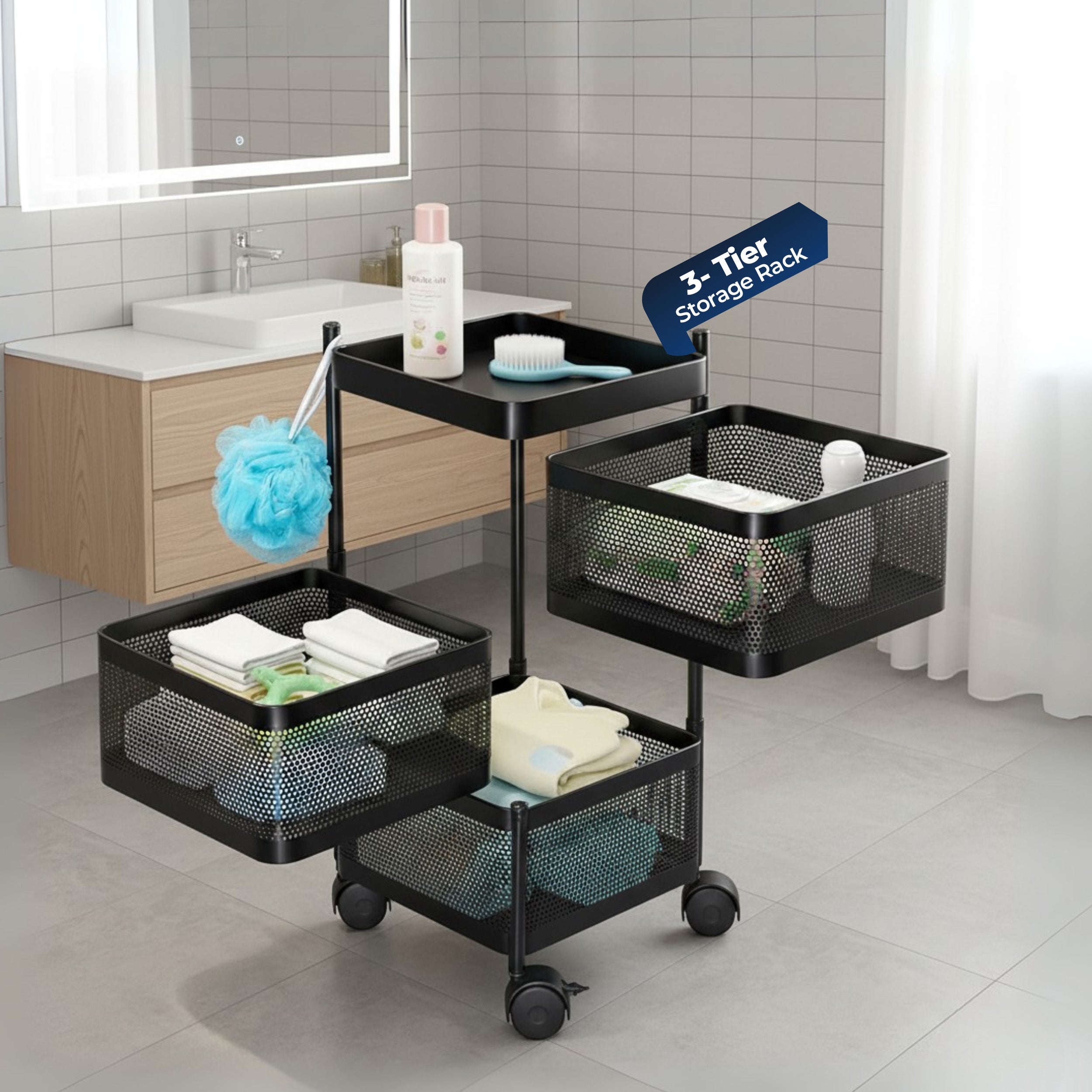 HAVAI 3 Tier Square Rolling Kitchen Storage Rack | Sturdy Metal Frame | Space-Saving Utility Shelf – Black
