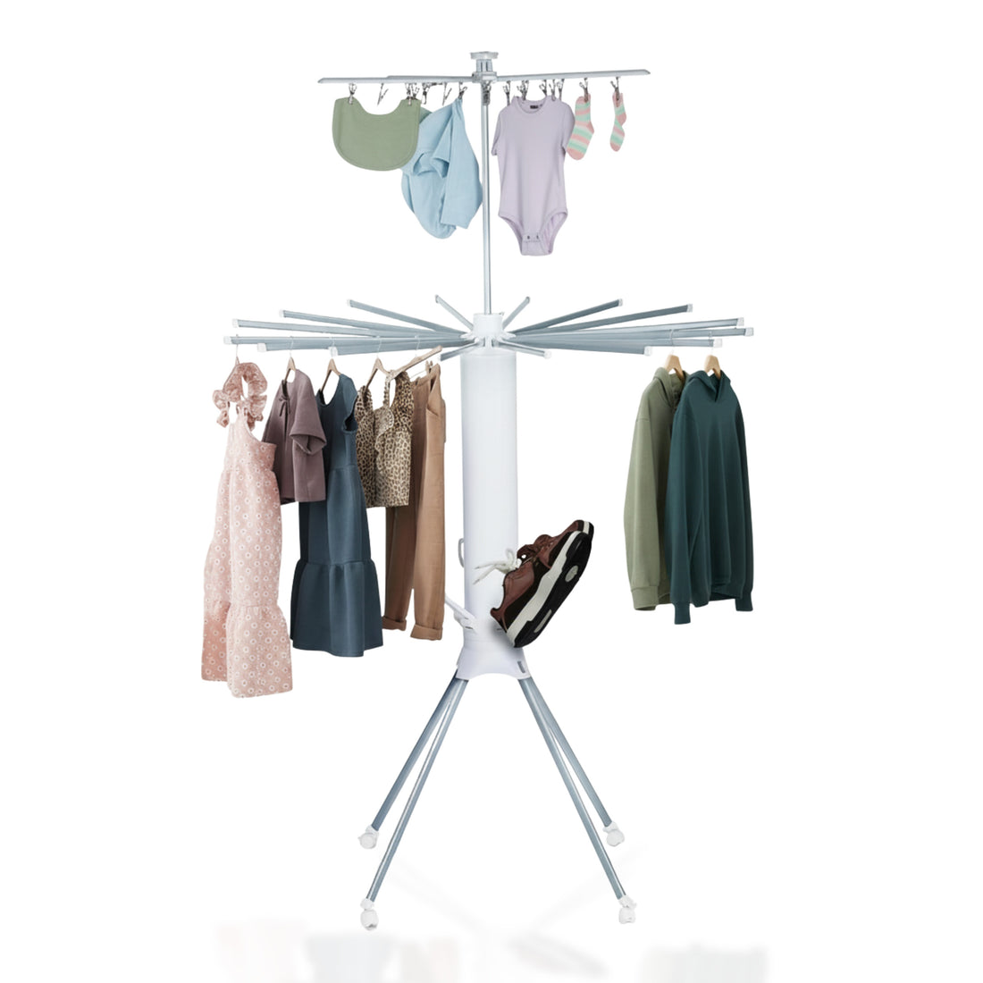 HAVAI Octopus Foldable Rotating Cloth Drying Rack | 360° Multi-Layer Laundry Stand with Lockable Wheels &amp; Strong Load Capacity | Space-Saving Indoor/Outdoor Clothes Hanger for Home Balcony (White)