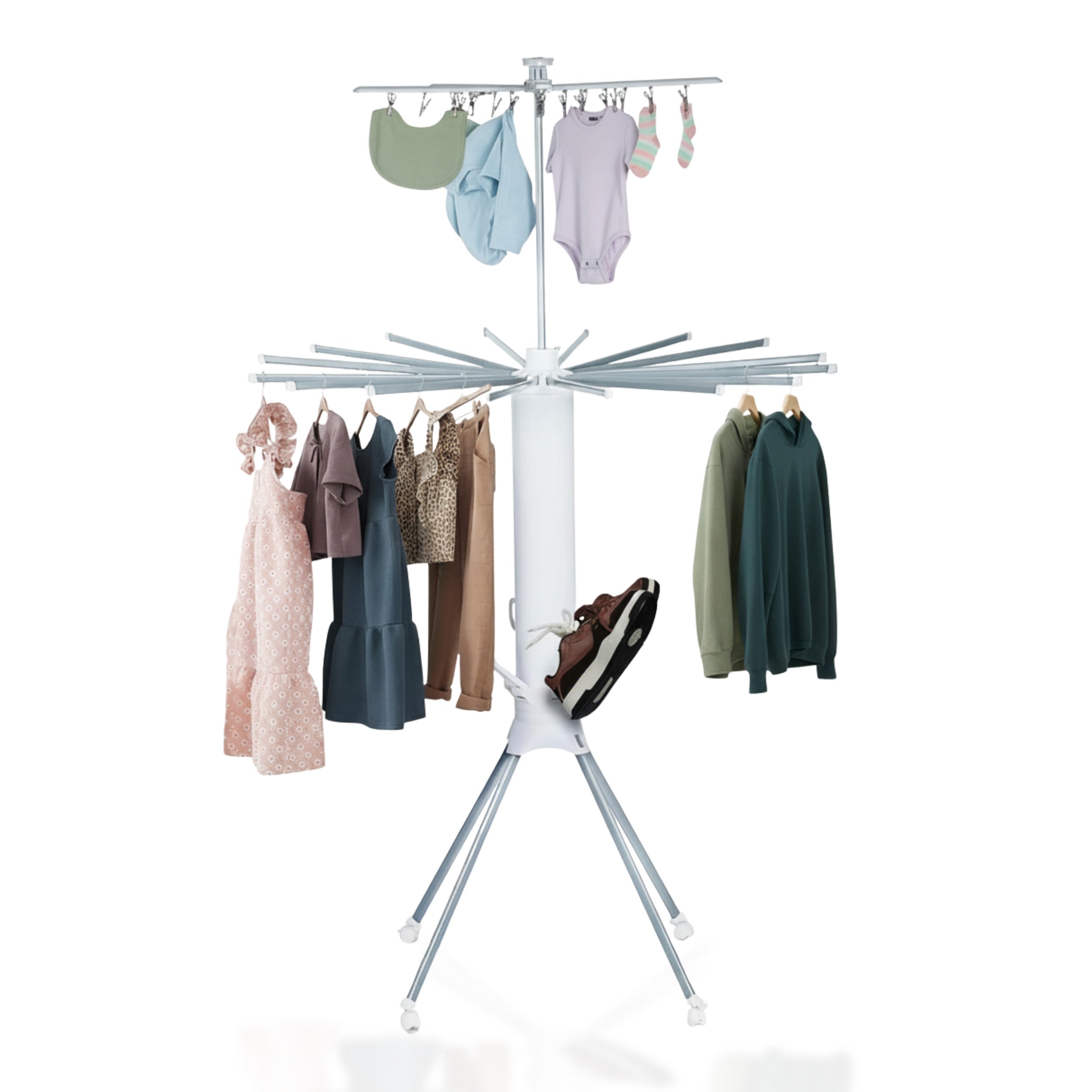 HAVAI Octopus Foldable Rotating Cloth Drying Rack | 360° Multi-Layer Laundry Stand with Lockable Wheels &amp; Strong Load Capacity | Space-Saving Indoor/Outdoor Clothes Hanger for Home Balcony (White)