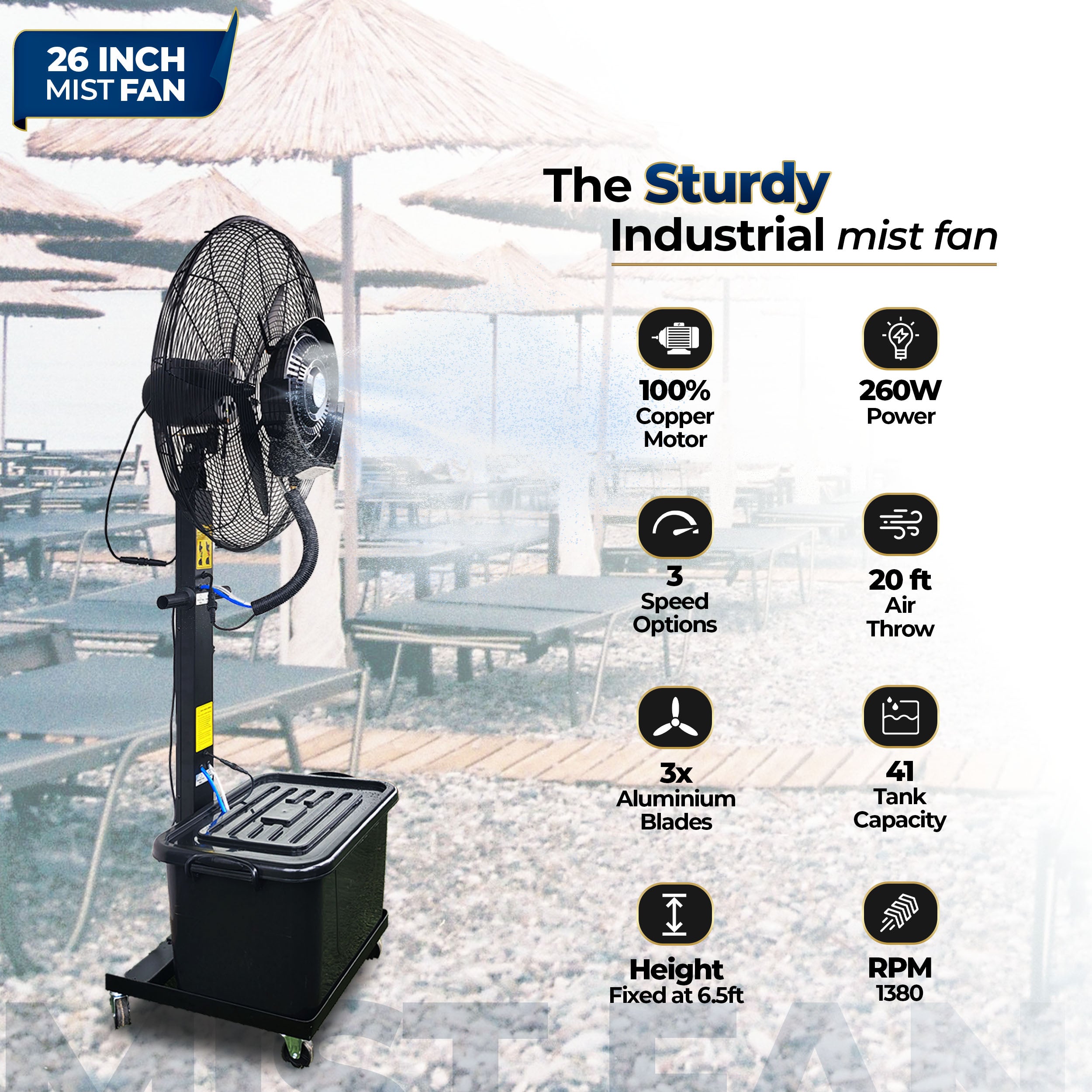 26″ Commercial Mist Fan, 260W Copper Motor | 10m Spray | Manual Mist Control | Aluminium Blade | Finger-Proof Grill | 41L Tank | Fixed 6ft Height | 48-Hour Installation &amp; 1-Year Warranty