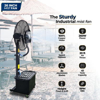 26″ Commercial Mist Fan, 260W Copper Motor | 10m Spray | Manual Mist Control | Aluminium Blade | Finger-Proof Grill | 41L Tank | Fixed 6ft Height | 48-Hour Installation &amp; 1-Year Warranty