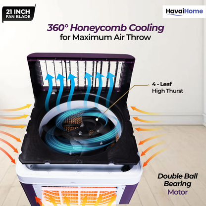 HAVAI 8X Flo Pro Plastic Body Duct Air Cooler | 100L Tank | 21” 4-Leaf Fan | 8500 m³/hr Airflow | 30 ft Air Throw | Double Ball Bearing Motor | 4-Side Honeycomb Cooling
