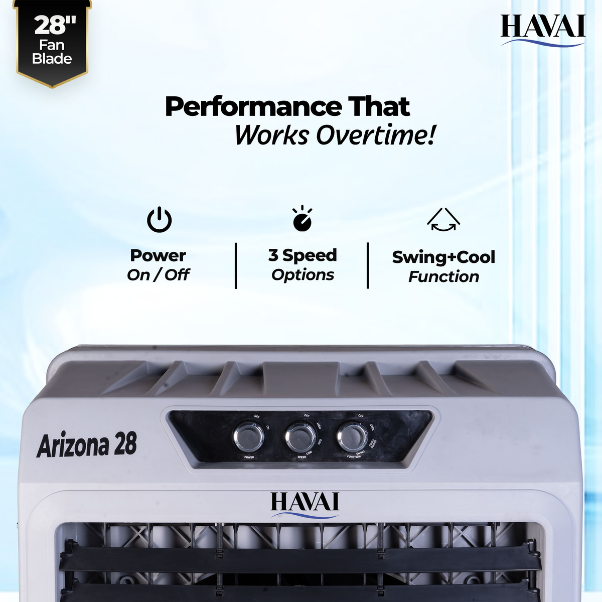 Havai Arizona 28 Industrial &amp; Commercial Air Cooler | 28-Inch Engineered 3-Leaf Blade | 10,000 m³/hr Air Delivery | 150L Tank | 500W Motor | 40 Ft Air Throw | Covers 700 Sq. Ft. | Finger Pull Drain Plug | 1-Year Warranty