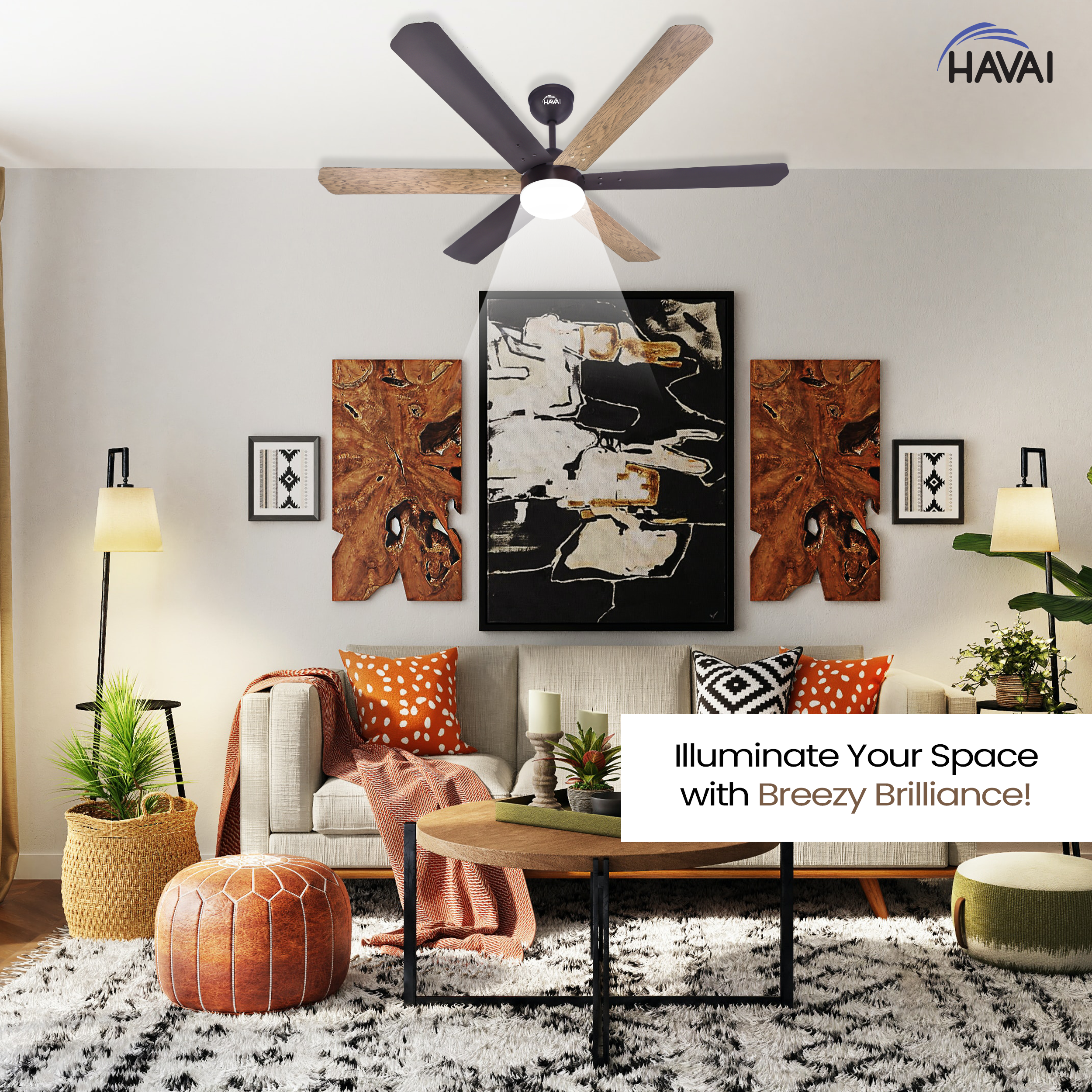 HAVAI Pristine Dualtone Range BLDC Ceiling Fan - 6 Blades - 35W, Ashwood and Smoke Brown 1200mm Blade with Remote (White Motor – 9W LED)