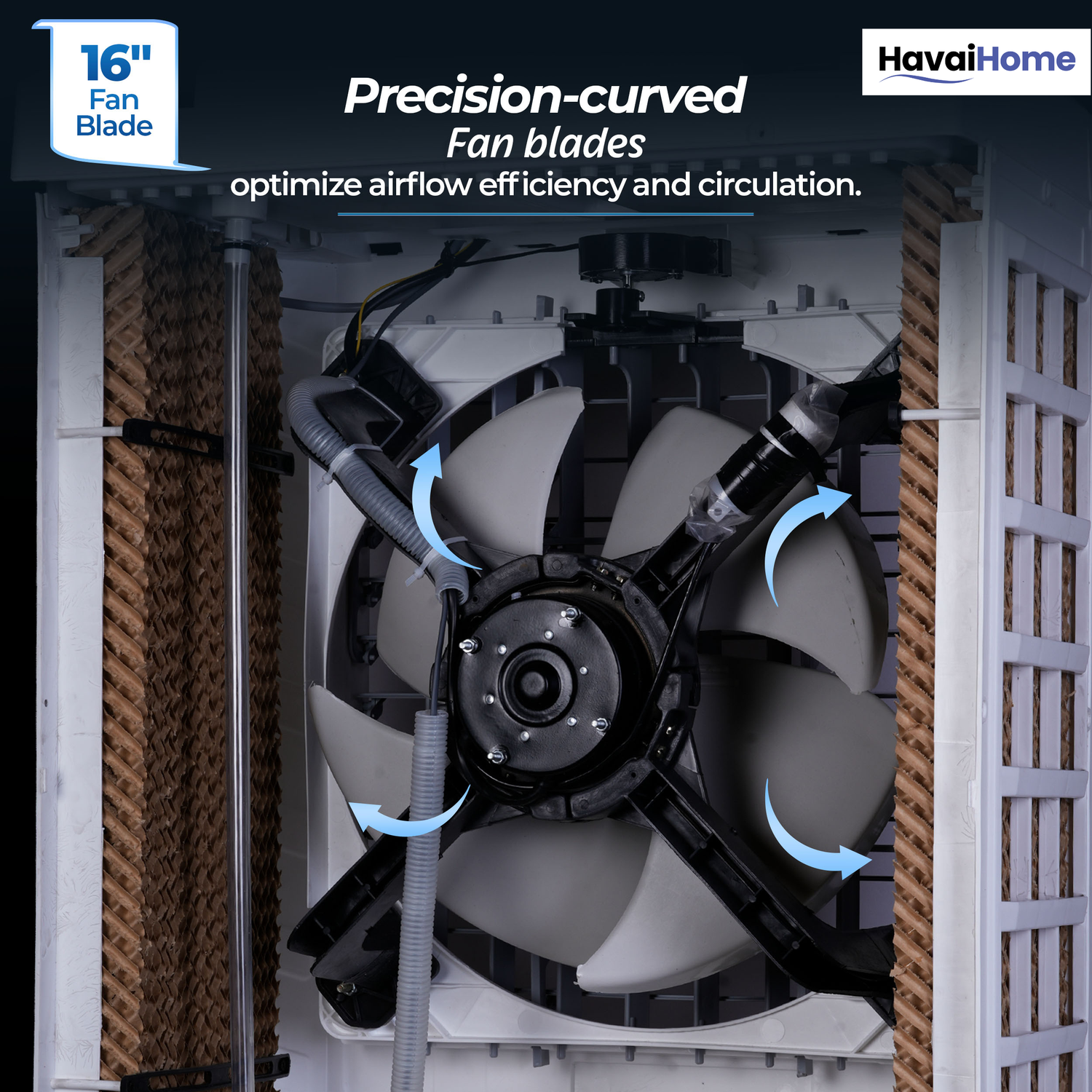 HAVAI Mighty 16 GT Glass Top Desert Air Cooler for Home &amp; Commercial Use | 16 Inch Fan, 100L Tank, 5190 m³/hr Air Delivery | 350 Sq Ft Coverage | Honeycomb Pads, Aluminium Motor, Low Noise | White &amp; Grey