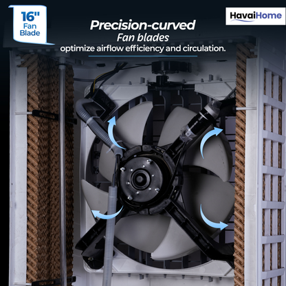 HAVAI Mighty 16 GT Glass Top Desert Air Cooler for Home &amp; Commercial Use | 16 Inch Fan, 100L Tank, 5190 m³/hr Air Delivery | 350 Sq Ft Coverage | Honeycomb Pads, Aluminium Motor, Low Noise | White &amp; Grey