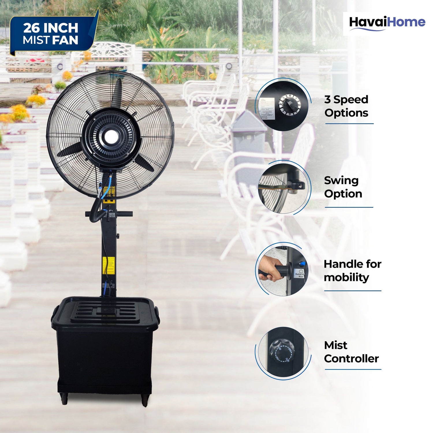 26″ Commercial Mist Fan, 260W Copper Motor | 10m Spray | Manual Mist Control | Aluminium Blade | Finger-Proof Grill | 41L Tank | Fixed 6ft Height | 48-Hour Installation &amp; 1-Year Warranty