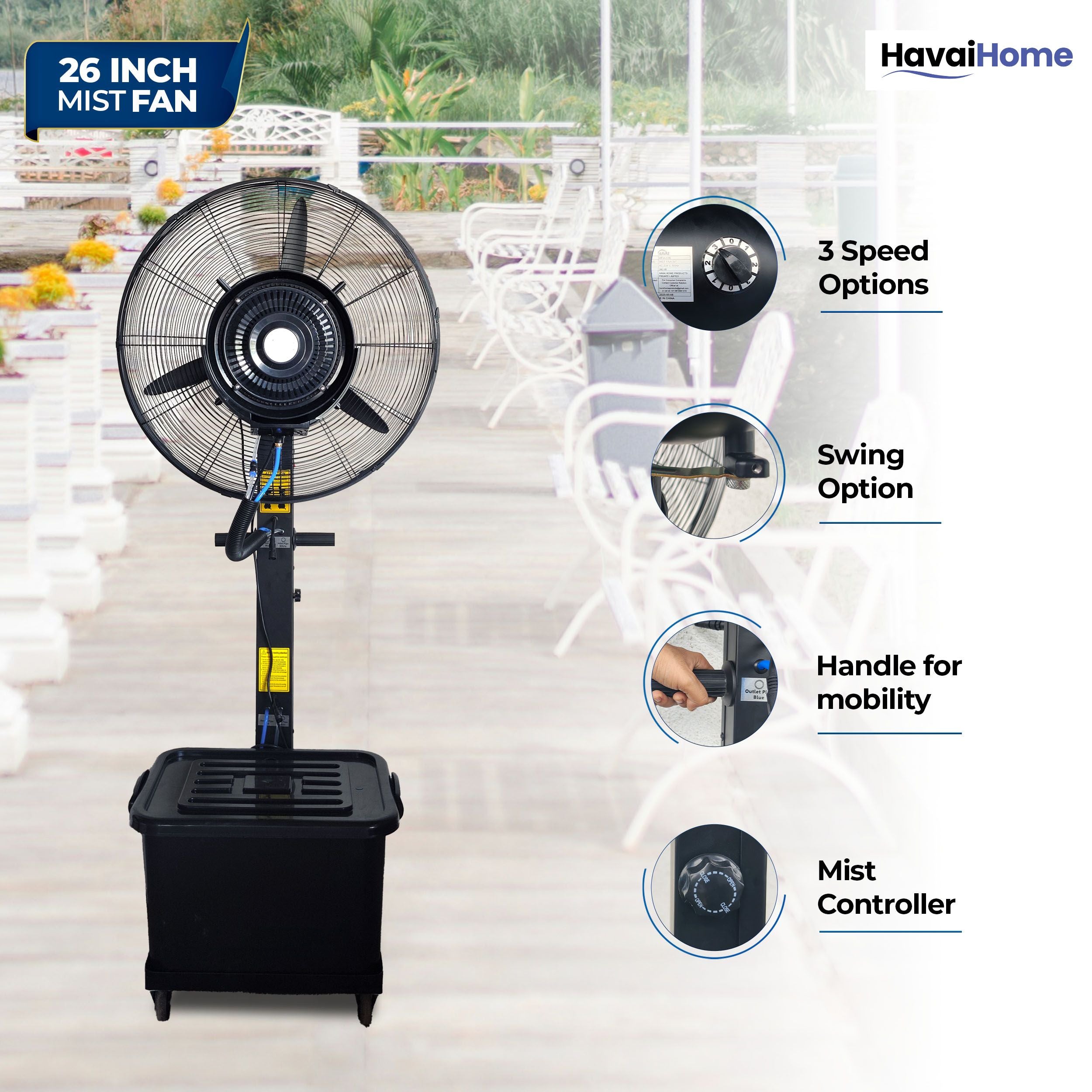 26″ Commercial Mist Fan, 260W Copper Motor | 10m Spray | Manual Mist Control | Aluminium Blade | Finger-Proof Grill | 41L Tank | Fixed 6ft Height | 48-Hour Installation &amp; 1-Year Warranty