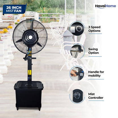 26″ Commercial Mist Fan, 260W Copper Motor | 10m Spray | Manual Mist Control | Aluminium Blade | Finger-Proof Grill | 41L Tank | Fixed 6ft Height | 48-Hour Installation &amp; 1-Year Warranty