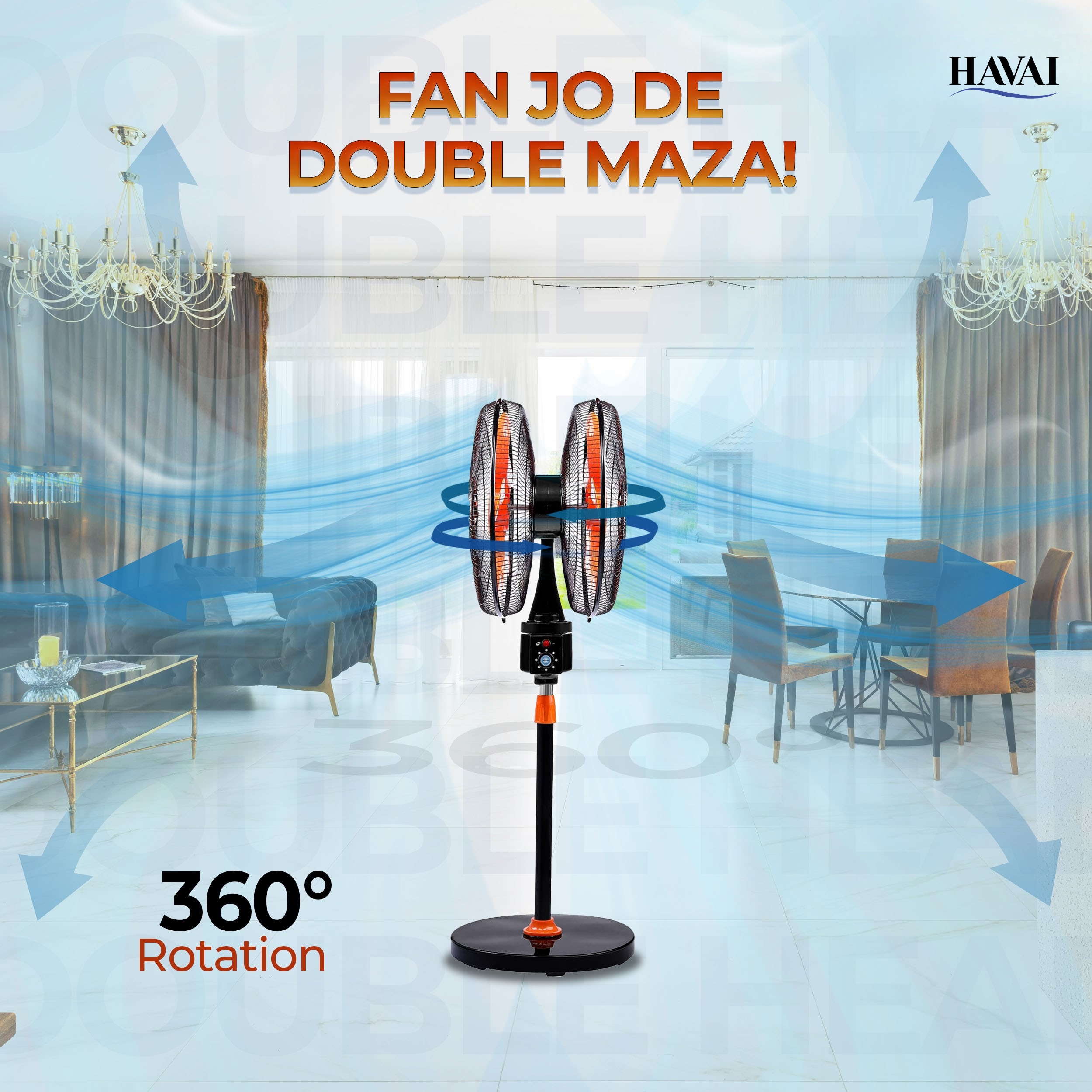 HAVAI DOUBLE HEAD 360 DEGREE FAN |18 INCH|REMOTE CONTROL, DOUBLE HEADED, 360 Degree Coverage, Pedestal | 1 Year Warranty | 3 SPEED CONTROL | ORANGE AND BLACK