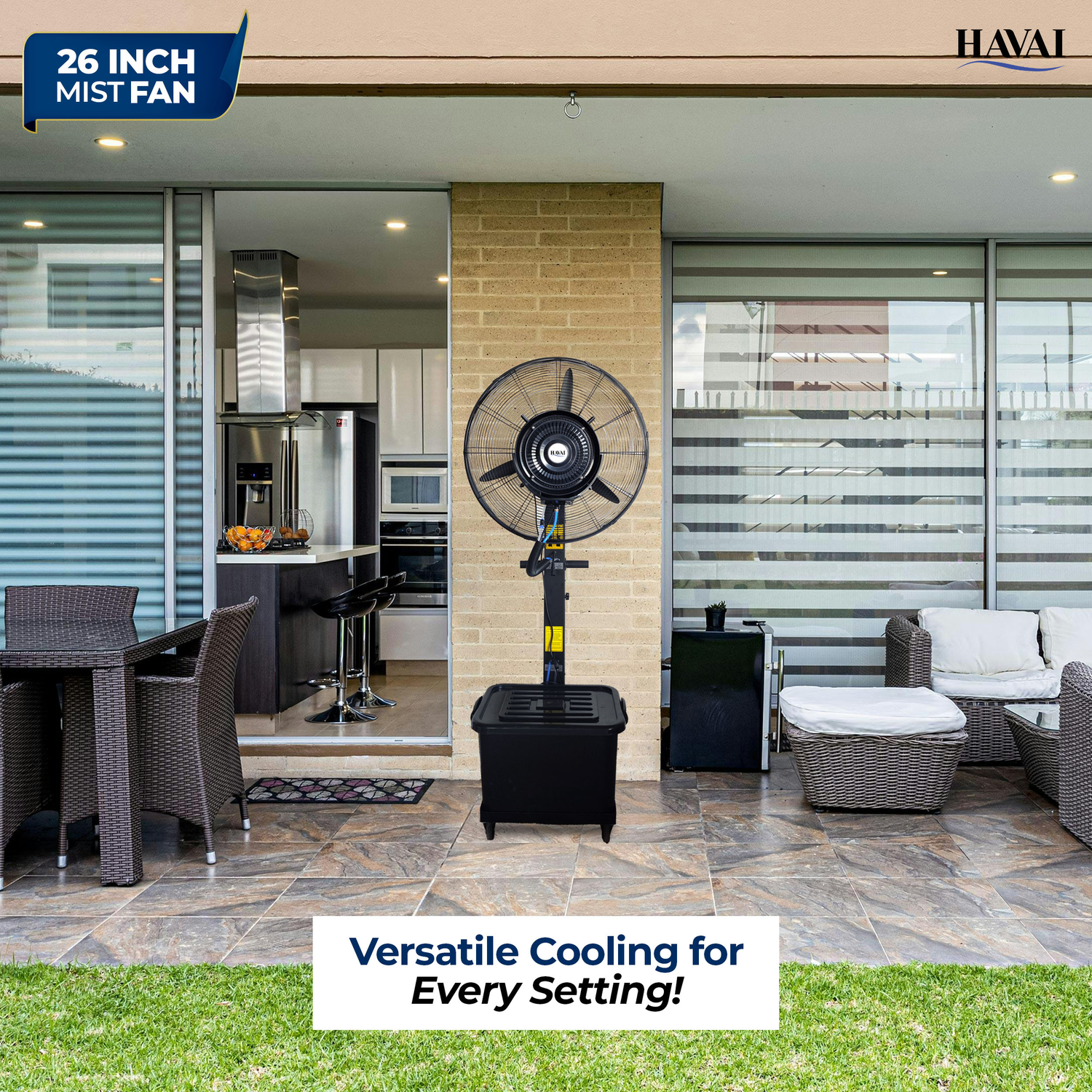 Havai 26″ Commercial Mist Fan, 260W Copper Motor | 10m Spray | Manual Mist Control | Aluminium Blade | Finger-Proof Grill | 41L Tank | Fixed 6ft Height | 48-Hour Installation &amp; 1-Year Warranty
