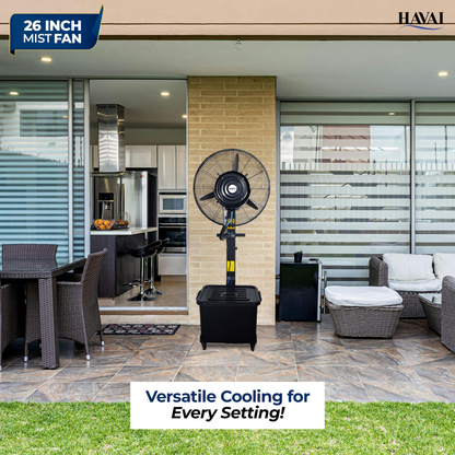 Havai 26″ Commercial Mist Fan, 260W Copper Motor | 10m Spray | Manual Mist Control | Aluminium Blade | Finger-Proof Grill | 41L Tank | Fixed 6ft Height | 48-Hour Installation &amp; 1-Year Warranty
