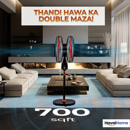 DOUBLE HEAD 360 DEGREE FAN |18 INCH|REMOTE CONTROL, DOUBLE HEADED, 360 Degree Coverage, Pedestal | 1 Year Warranty | 3 SPEED CONTROL | ORANGE AND BLACK