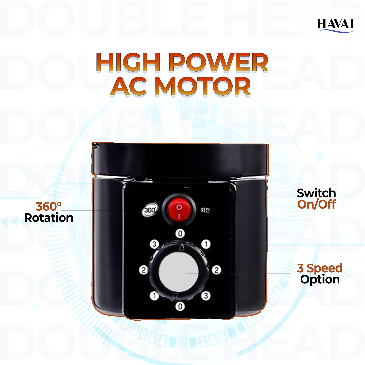 HAVAI DOUBLE HEAD 360 DEGREE FAN |18 INCH|REMOTE CONTROL, DOUBLE HEADED, 360 Degree Coverage, Pedestal | 1 Year Warranty | 3 SPEED CONTROL | ORANGE AND BLACK