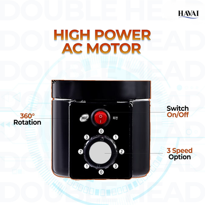 HAVAI DOUBLE HEAD 360 DEGREE FAN |18 INCH|REMOTE CONTROL, DOUBLE HEADED, 360 Degree Coverage, Pedestal | 1 Year Warranty | 3 SPEED CONTROL | ORANGE AND BLACK