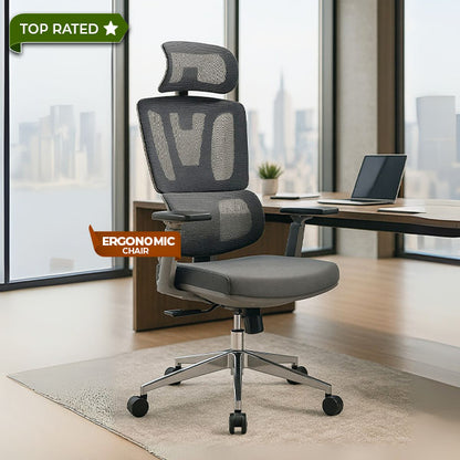 Neo High Back Ergonomic Mesh Office Chair |  Multi-Lock Mechanism | Chrome Base | 3D Armrests with PU Pads  | Adjustable Headrest | Breathable Mesh Back (Grey)