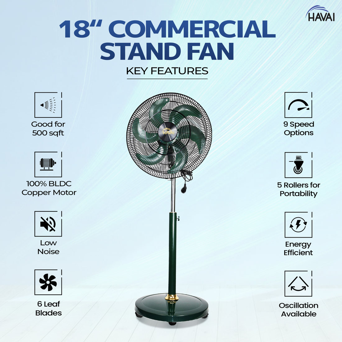 Havai BLDC 18&quot; Pedestal Fan, Soundless, 50% Savings On Electricity, High Velocity,For Commercial And Residential Use, Assembly Included , Green