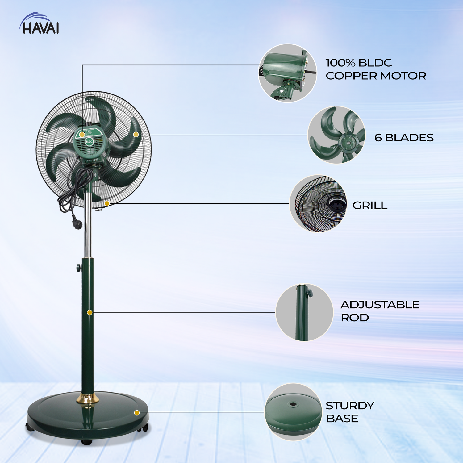 Havai BLDC 18&quot; Pedestal Fan, Soundless, 50% Savings On Electricity, High Velocity,For Commercial And Residential Use, Assembly Included , Green