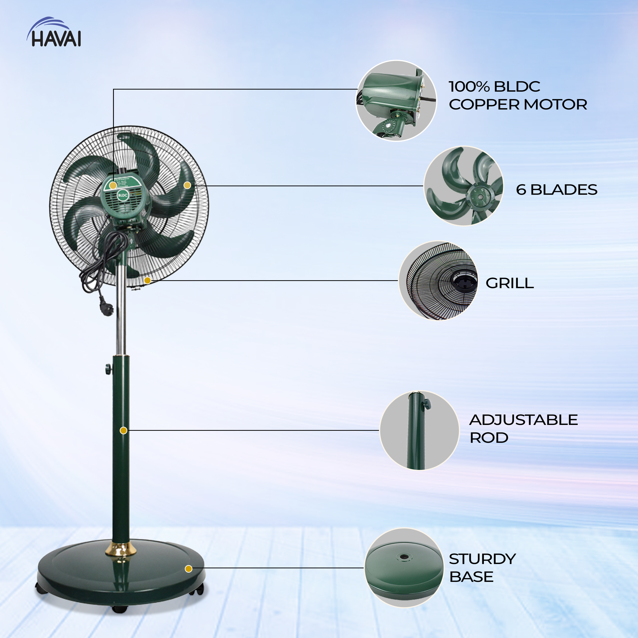 Havai BLDC 18&quot; Pedestal Fan, Soundless, 50% Savings On Electricity, High Velocity,For Commercial And Residential Use, Assembly Included , Green - Without Remote