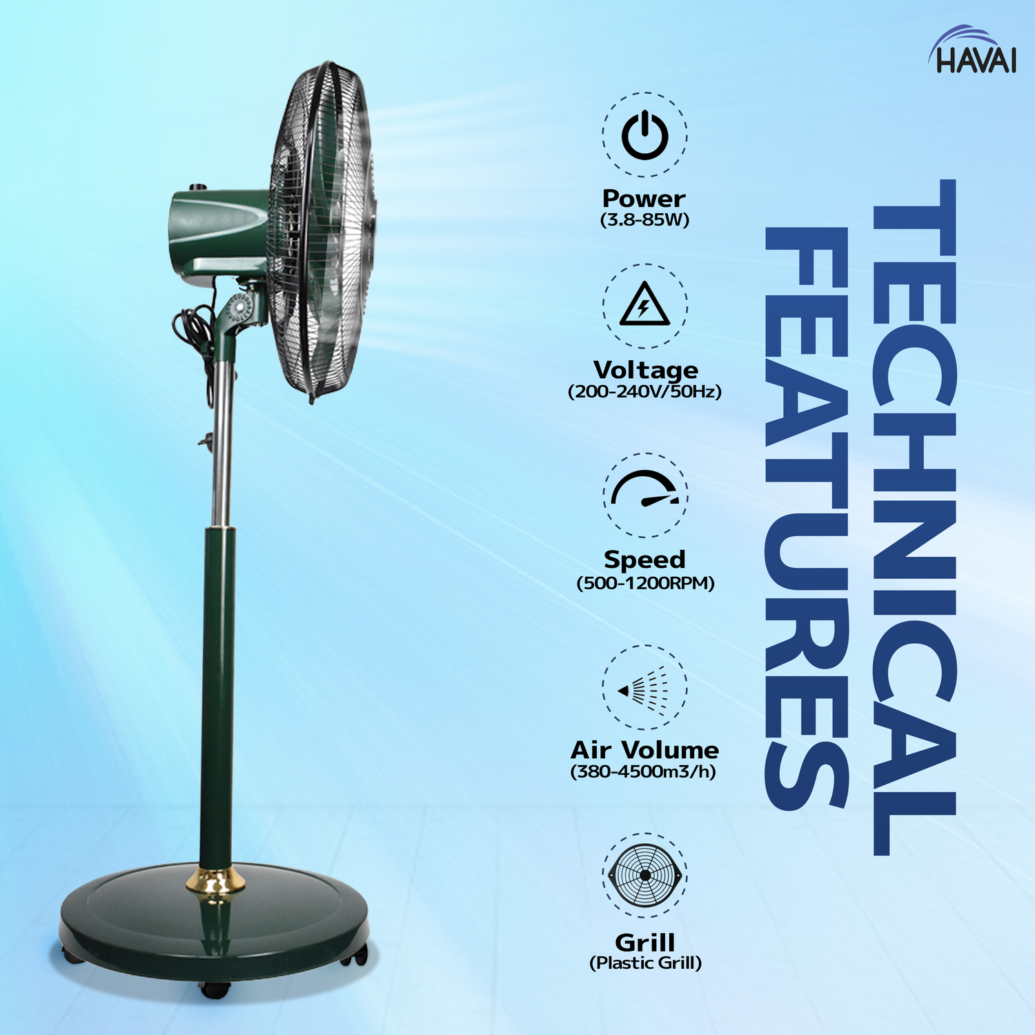 Havai BLDC 18&quot; Pedestal Fan, Soundless, 50% Savings On Electricity, High Velocity,For Commercial And Residential Use, Assembly Included , Green