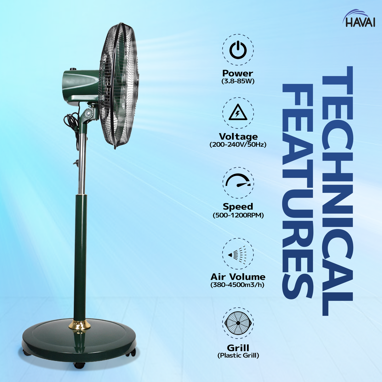 Havai BLDC 18&quot; Pedestal Fan, Soundless, 50% Savings On Electricity, High Velocity,For Commercial And Residential Use, Assembly Included , Green - Without Remote