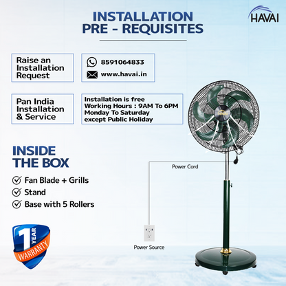 Havai BLDC 18&quot; Pedestal Fan, Soundless, 50% Savings On Electricity, High Velocity,For Commercial And Residential Use, Assembly Included , Green - Without Remote