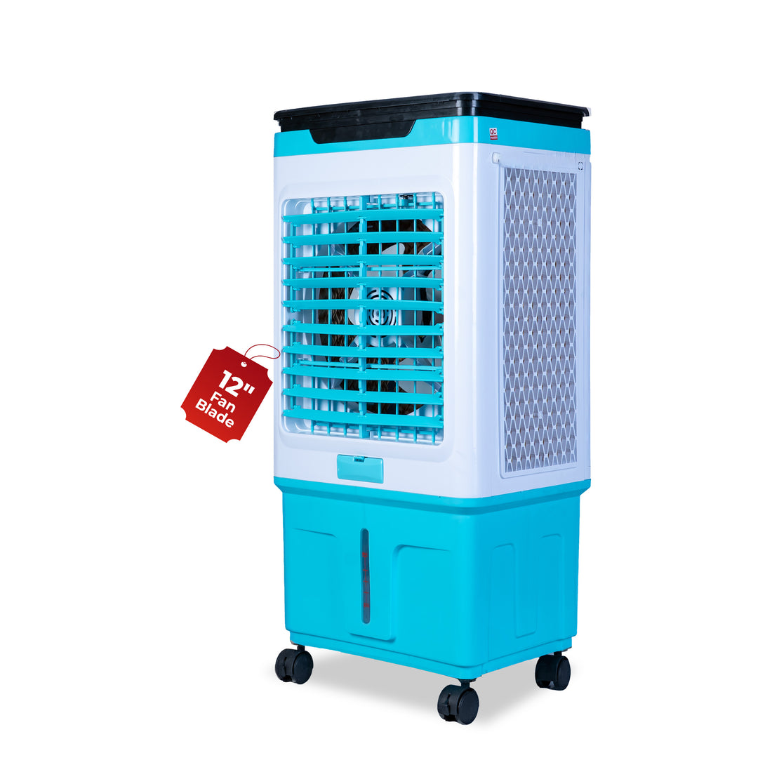 HAVAI Premium Glass Top GT 12 | 12&quot; Fan Blade | 40 Litre Tank Capacity | 160W Power | 15ft Air Throw | 3-Side Honeycomb Cooling | Sleek Glass Top Design | 4 Castor Wheels (BLUE)