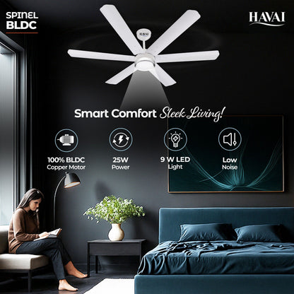 HAVAI Spinel BLDC Ceiling Fan with Decorative Ring | 1200mm, 6 Blades, 25W | Remote Control &amp; 9W LED Light | 2 Years Warranty | Pearl White