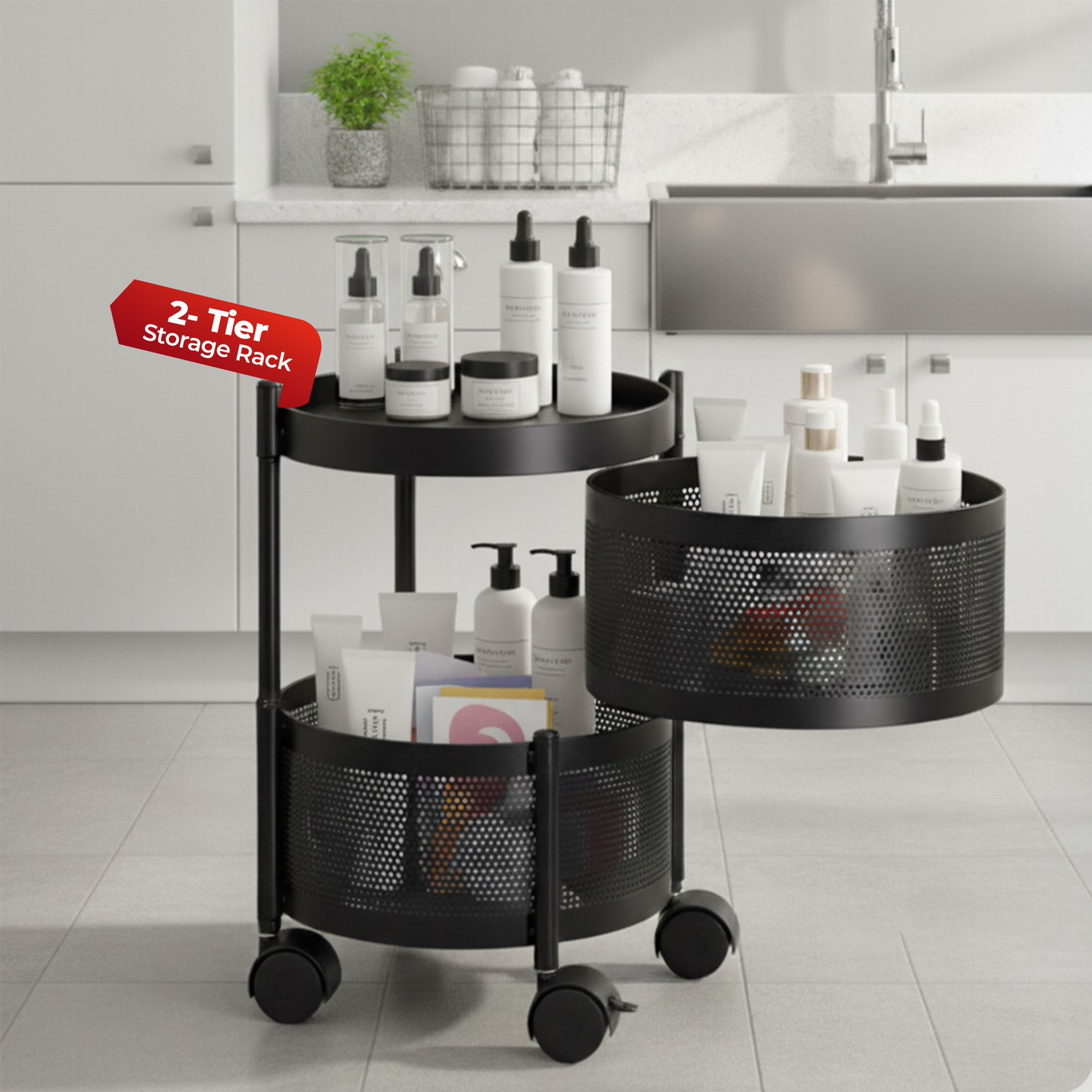 Havai 2 Tier Round Rolling Kitchen Storage Rack | Sturdy Metal Frame| Space-Saving Utility Shelf – Black