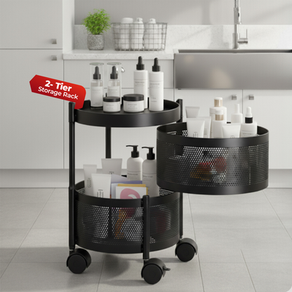 Havai 2 Tier Round Rolling Kitchen Storage Rack | Sturdy Metal Frame| Space-Saving Utility Shelf – Black