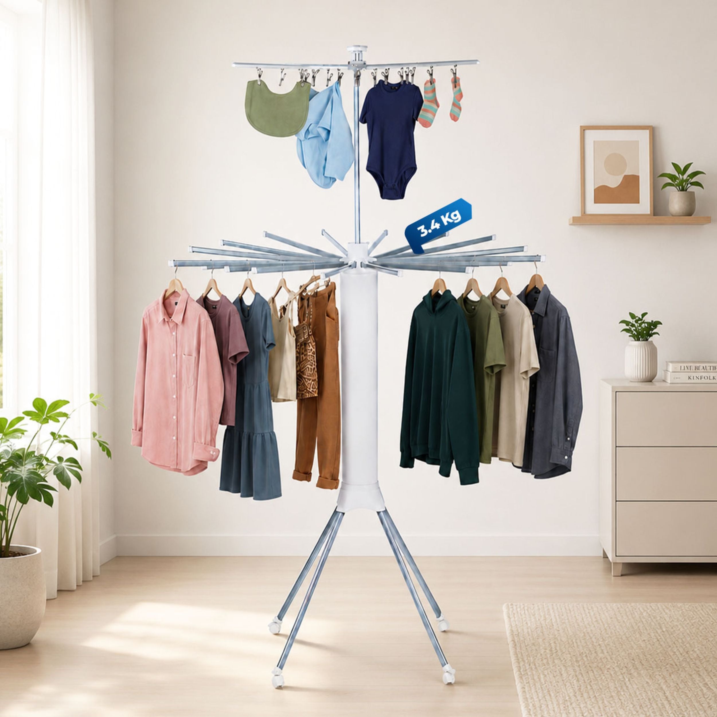 HAVAI Octopus Essential Foldable Rotating Clothes Drying Stand | 360° Multi-Layer Laundry Drying Rack with Lockable Wheels | Heavy Duty Stainless Steel Clothes Hanger | Space Saving Cloth Dryer