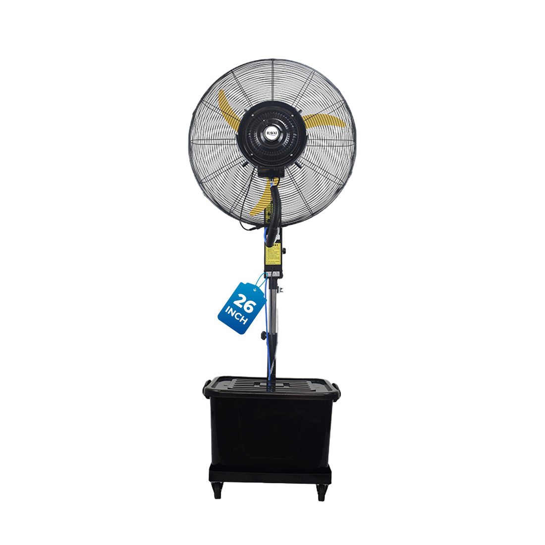 Havai 26″ BLDC Mist Fan with Adjustable Height Rod | 41 L Tank | 4-Speed Control | High-Coverage Cooling for Indoor &amp; Outdoor | Yellow &amp; Black | 2 Year Warranty &amp; Free Installation
