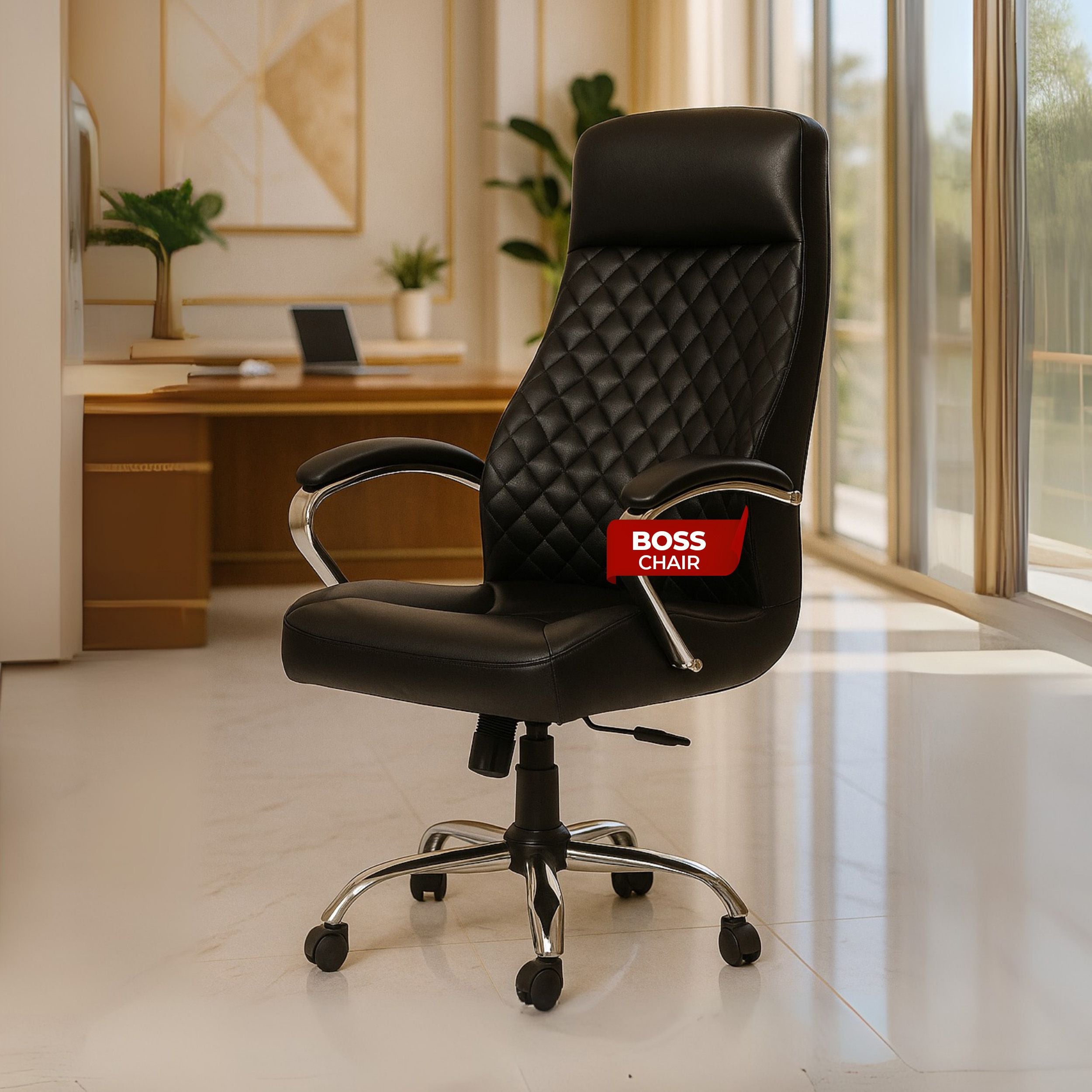 Prime High Back Office Chair | Ergonomic Executive Chair |  Premium Leather | Single Lock Tilt Mechanism |  Mild Steel Chrome Base &amp; Arms | Class 4 Gaslift |  50mm Casters | High-Density Back &amp; Seat Cushion (Black)