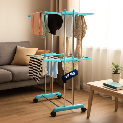 HAVAI DryNest 3.7 KG Premium Clothes Drying Stand with Wheels | Heavy-Duty Rust-Free Steel &amp; Strong Steel Rods | 2-Layer Foldable Jumbo Rack | Portable &amp; Balcony-Friendly