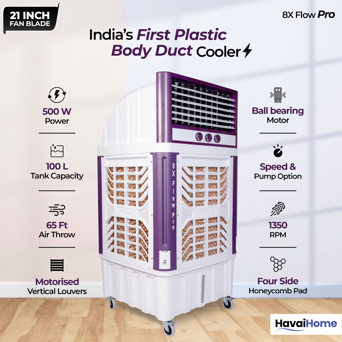 HAVAI 8X Flo Pro Plastic Body Duct Air Cooler | 100L Tank | 21” 4-Leaf Fan | 8500 m³/hr Airflow | 30 ft Air Throw | Double Ball Bearing Motor | 4-Side Honeycomb Cooling