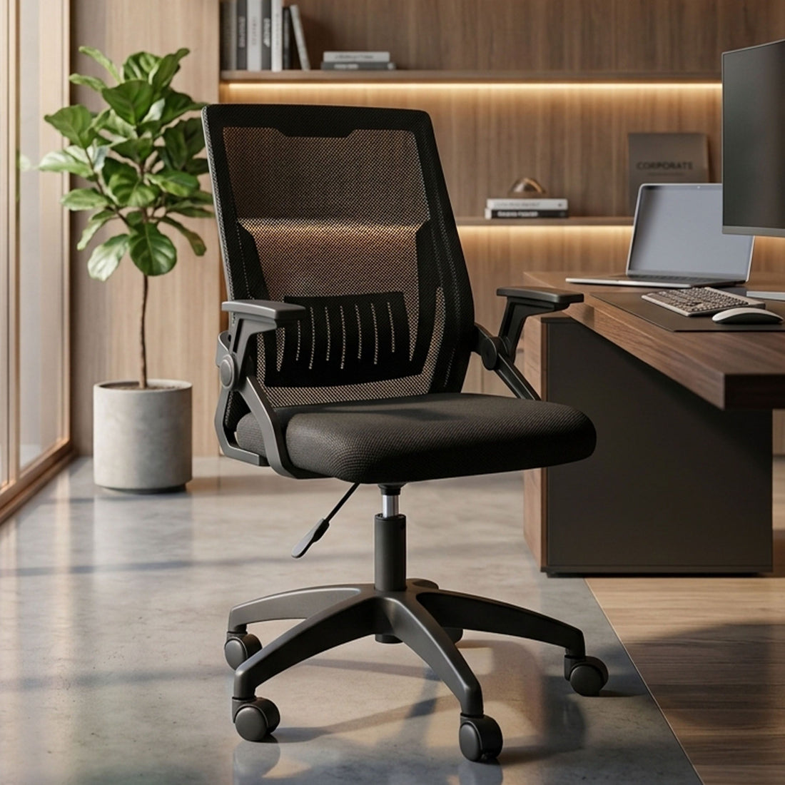 HAVAI Airon Ergonomic Office Chair with Mesh Back | Executive Computer Chair with Reclining &amp; Folding Function | Nylon Armrests | Class 2 Gas Lift | Plywood Base Support | Grey Seat | WFH &amp; Office Use | (Black)
