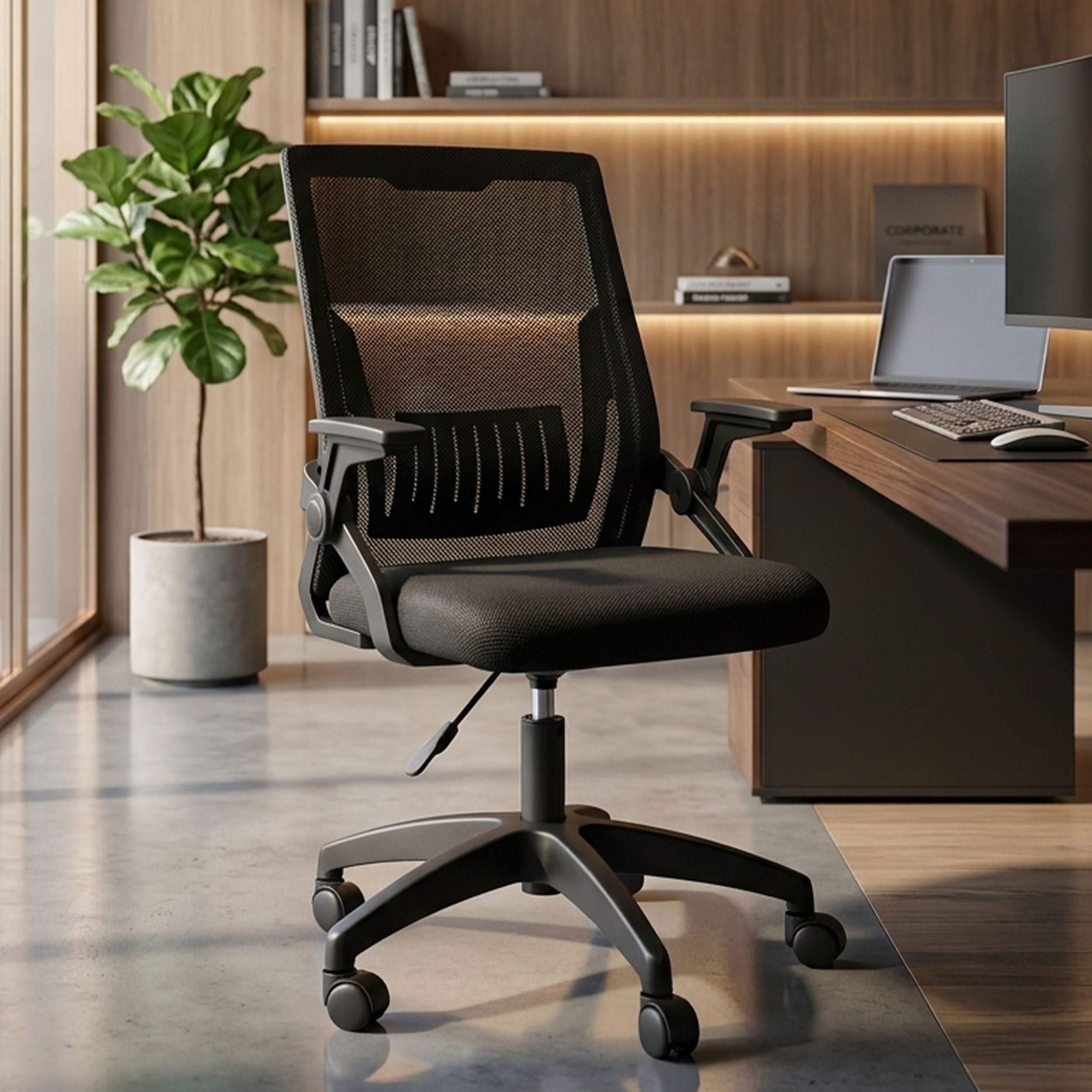 HAVAI Airon Ergonomic Office Chair with Mesh Back | Executive Computer Chair with Reclining &amp; Folding Function | Nylon Armrests | Class 2 Gas Lift | Plywood Base Support | Grey Seat | WFH &amp; Office Use | (Black)