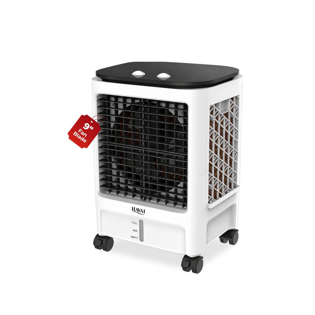 Havai Elite 9 Mini Personal Air Cooler, 15L Tank, 2600 RPM, 1800 CMH, 5-ft air throw, 3-side honeycomb pads, glass top, lockable wheels
