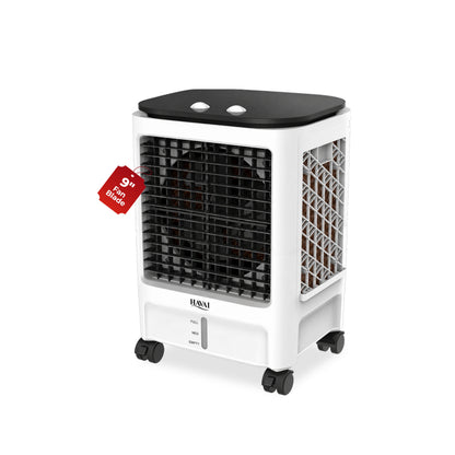 Havai Elite 9 Mini Personal Air Cooler, 15L Tank, 2600 RPM, 1800 CMH, 5-ft air throw, 3-side honeycomb pads, glass top, lockable wheels