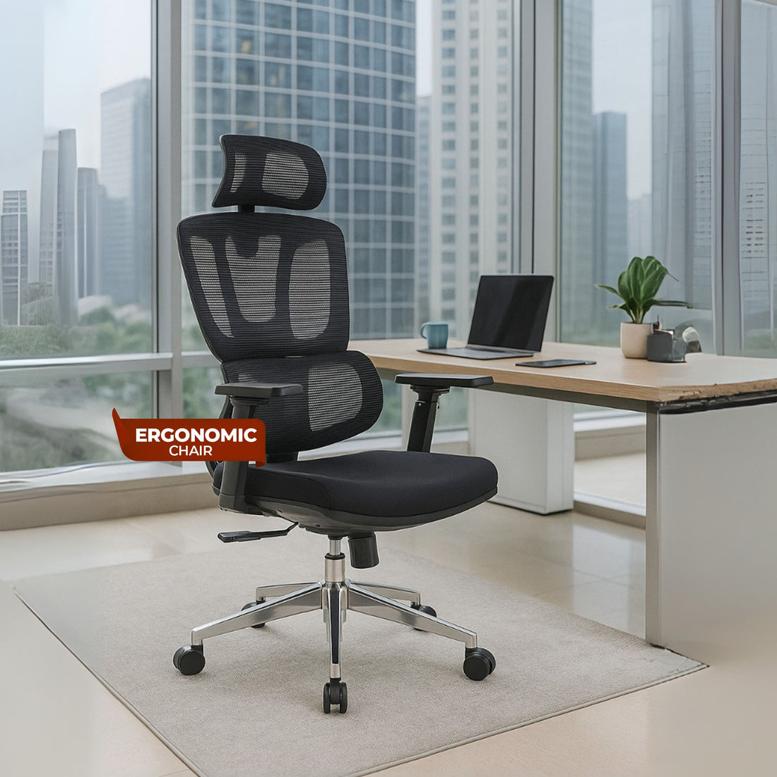 HAVAI Neo High Back Ergonomic Mesh Office Chair |  Multi-Lock Mechanism | Chrome Base | 3D Armrests with PU Pads  | Adjustable Headrest | Breathable Mesh Back (Black