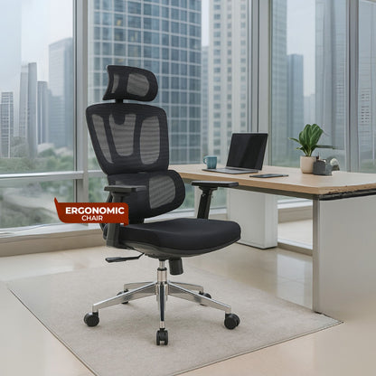 HAVAI Neo High Back Ergonomic Mesh Office Chair |  Multi-Lock Mechanism | Chrome Base | 3D Armrests with PU Pads  | Adjustable Headrest | Breathable Mesh Back (Black