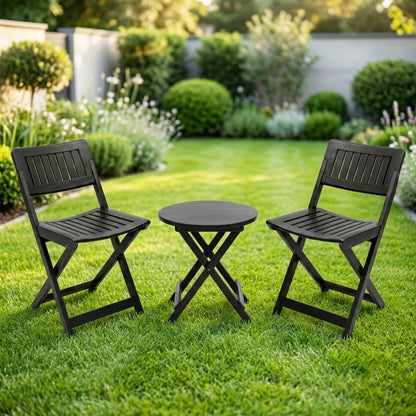 HAVAI Teakwood Foldable Balcony Furniture Set | 2 Chairs &amp; 1 Table | Premium Solid Teak Wood Outdoor Patio Set | Garden, Balcony, Terrace &amp; Cafe Furniture | Pre-Assembled Natural Wood Finish (BLACK)