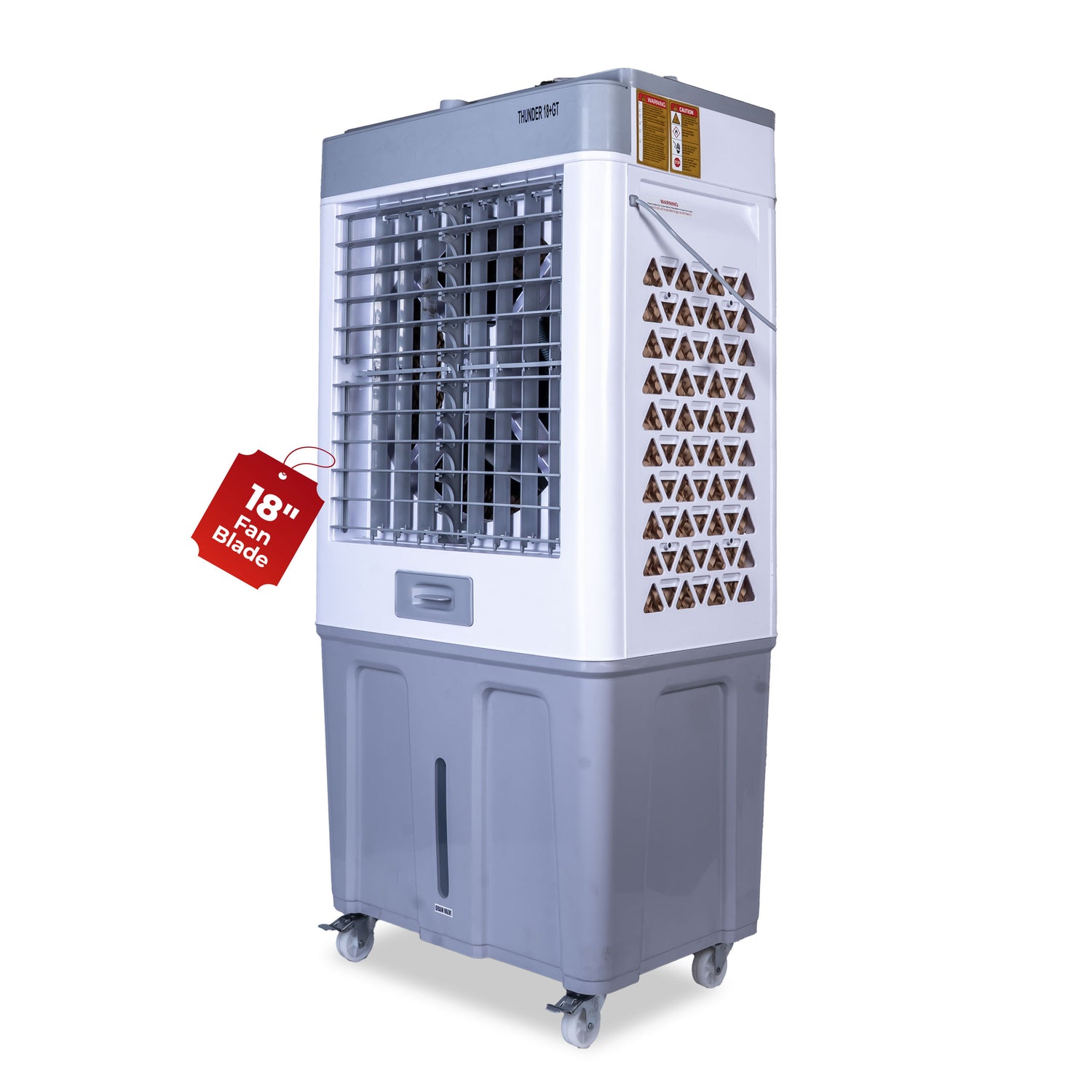 HAVAI Thunder 18+ GT Desert Cooler | 18” Aluminium Blade | 100L Tank | 3-Side Honeycomb Pads | 20 Ft Air Throw | Heavy-Duty 110mm Motor | Auto Swing | White &amp; Grey