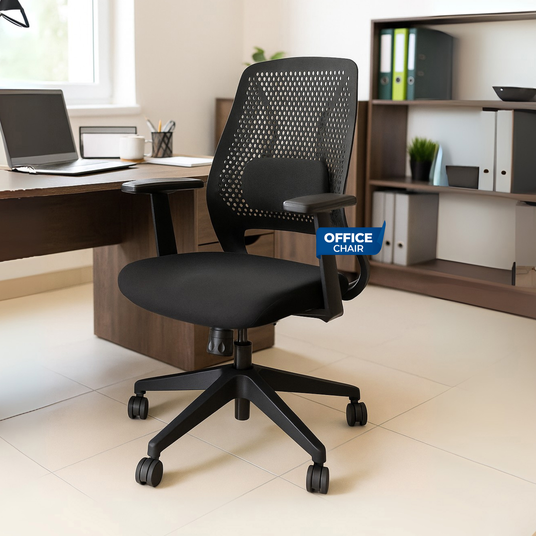Off-Comfy Hive Black Ergonomic Office Chair | 1D Adjustable Lumbar | Fixed Arms with PP Pad | Synchro Tilt &amp; Lock |Class 4 Gaslift | Nylon Base | 60mm Castors