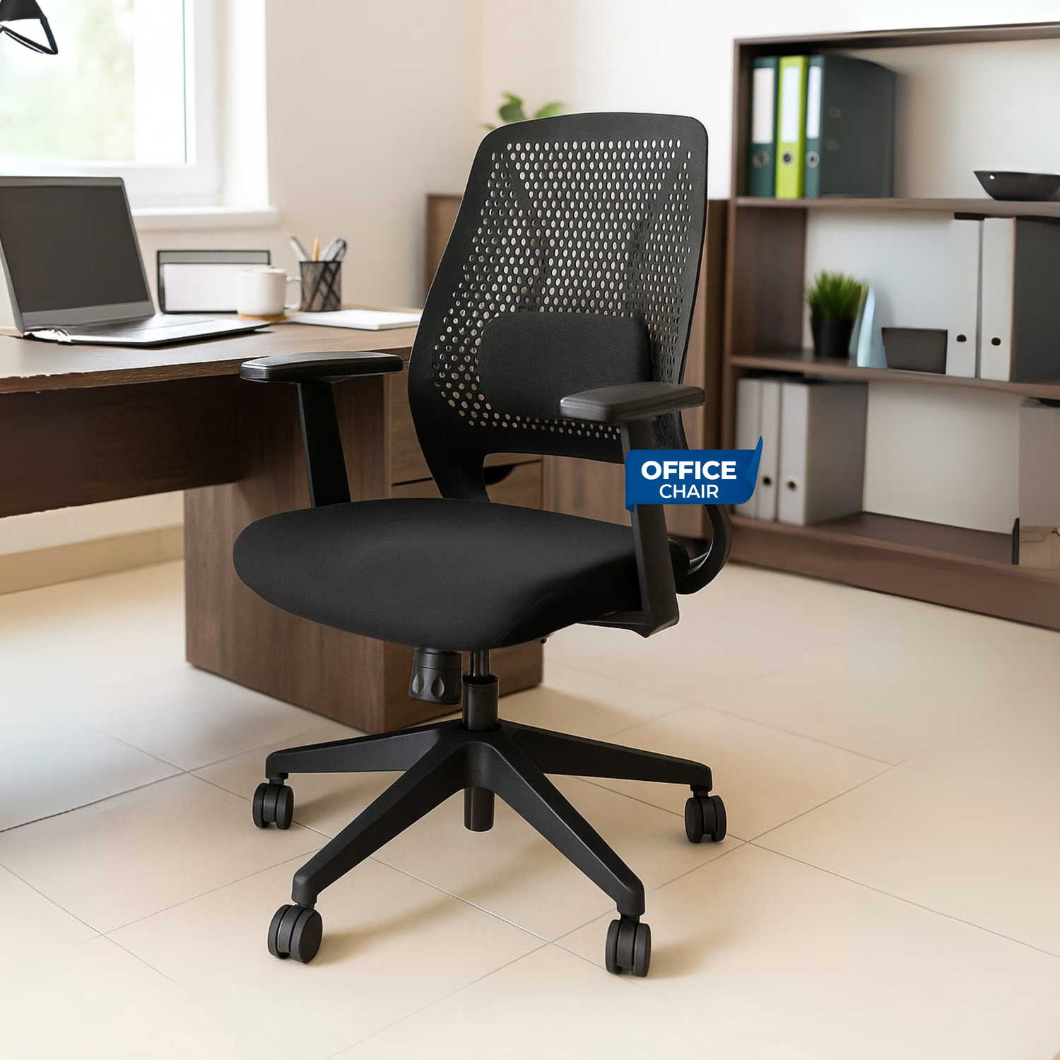 Off-Comfy Hive Black Ergonomic Office Chair | 1D Adjustable Lumbar | Fixed Arms with PP Pad | Synchro Tilt &amp; Lock |Class 4 Gaslift | Nylon Base | 60mm Castors