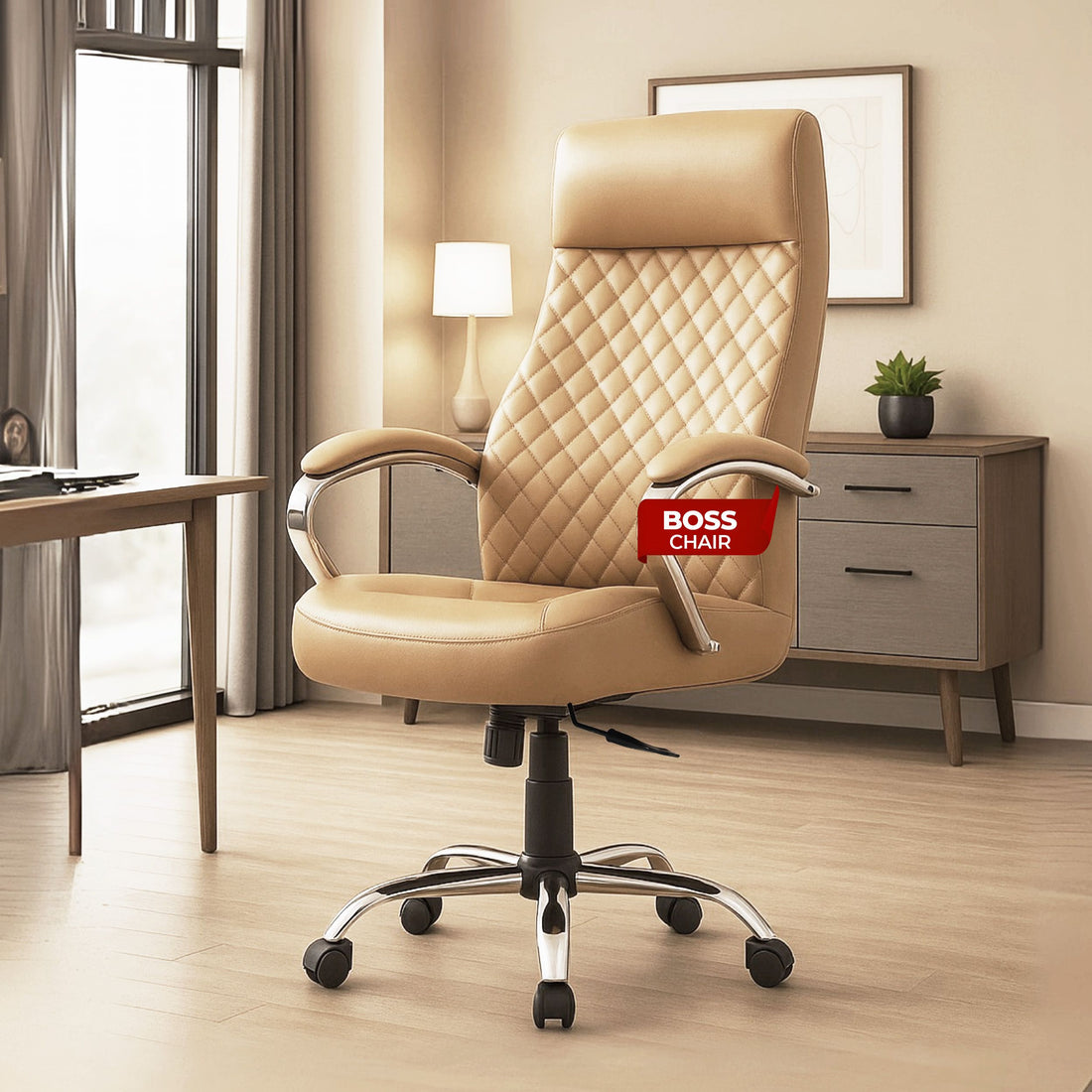 Prime High Back Office Chair | Ergonomic Executive Chair | Premium Leather | Single Lock Tilt Mechanism | Mild Steel Chrome Base & Arms | Class 4 Gaslift | 50mm Casters | High-Density Back & Seat Cushion (Camel)